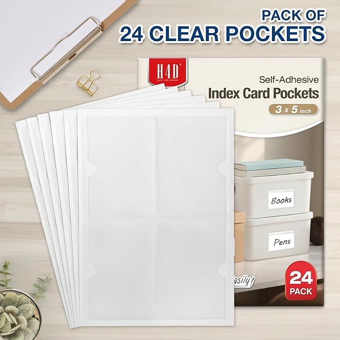H4D 24 Pack labels for Storage Bins, 3" x 5" Plastic Clear Adhesive Pockets | Top-Open Index Card Holder, Waterproof & Removable Labels for Storage Bins, Totes, Containers, Shelves & Library Organization