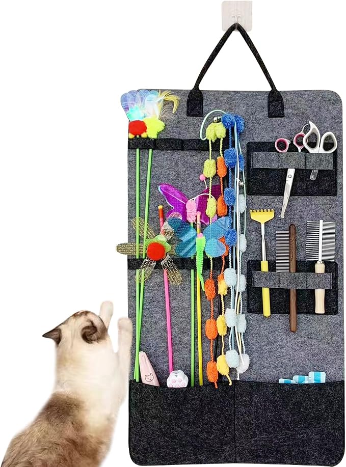 OLizee® Wall Mounted Cat Wand Toy Storage Bag Felt Cat Feather Toys Organizer Cat Teaser Wand Holder Cat Toy Storage Bag for Indoor