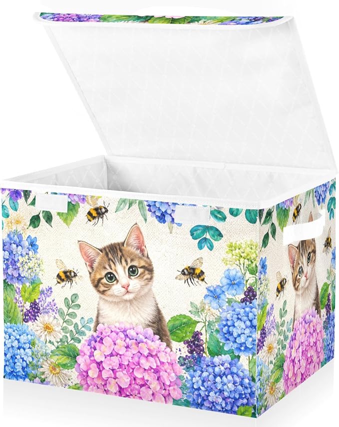 Fabric Storage Bins with Lid Cat Bloom Closet Storage Basket 40L | Decorative Storage Boxes, Foldable & Stackable, Dust-Proof Flip Top, Reinforced Handles, For Home & Dorm, Clothes & Toy Box