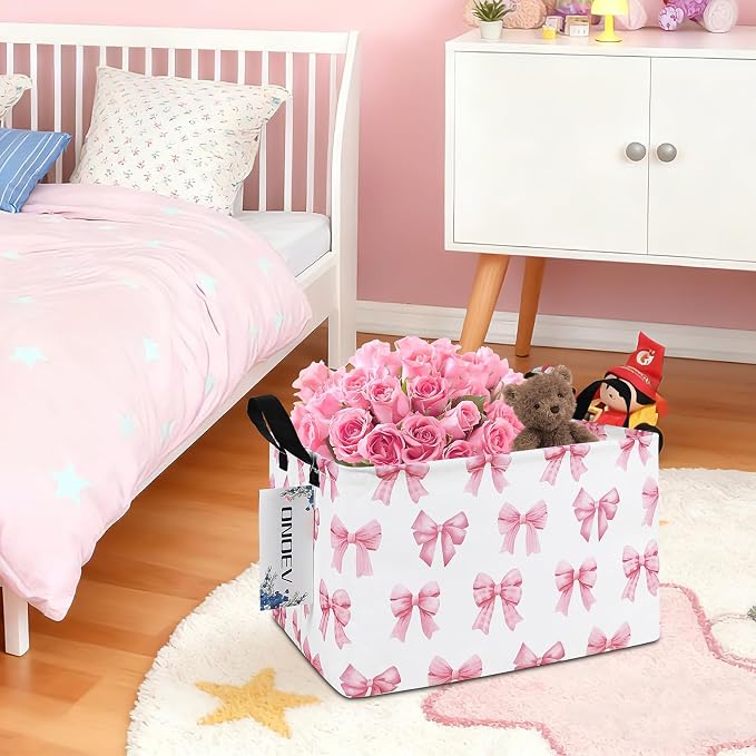 Rectangular Pink Bow Storage Bin,Closet Organizer Basket | Waterproof foldable bin with reinforced handles. Store garments, cosmetics & daily items, sweet gift for teen girls.