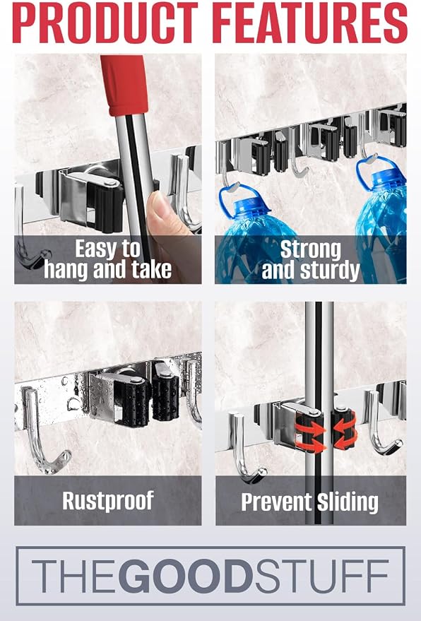 The Good Stuff Compact Mop and Broom Holder Wall Mount – Stainless Steel Organizer with 3 Racks and 2 Hooks – Rust-Resistant, Space-Saving Tool Hanger for Closet, Kitchen, Garage, or RV