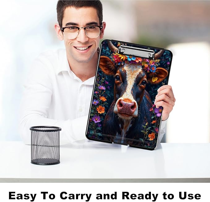 Heavy Duty Storage Clipboard, Slim Nursing Clipboard with Internal Pen Case, Portable File Organizer Case for A4 Letter Size Paper Office Medical Professionals, Black White Cow Flower