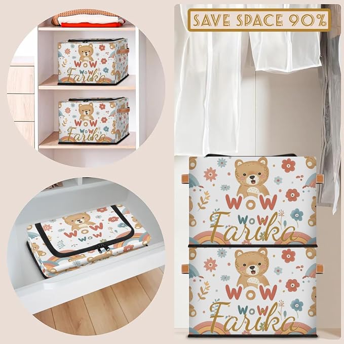 Custom Cute Bear Storage-Bin With Zipper Lid for Kids-Girls-Boys-Baby-Pet,Personalized Name Foldable Storage Box with Handle,Baby Basket With Label for Bedroom Nursery Toy Clothes,White