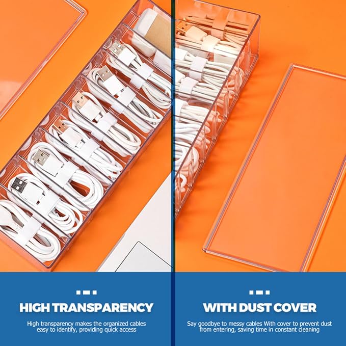 BETOOKY Cable Management Box with Cover and 8 Slots, High Transparency Pet Cord Organizer and Cable Storage Box for Charging Cords and Wire Organizer at Home or Office