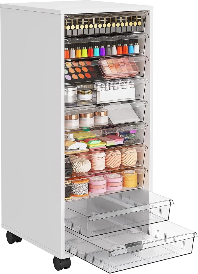 Storage Drawer Cart, Mobile Storage Cabinet, Makeup Storage with 10 Large Clear Drawers, Utility Wooden Rolling Cart on Wheels, for Cosmetic, Art Craft, Office Supplies, Toy, White