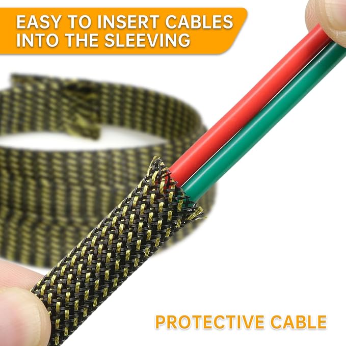 Braided Cable Sleeve 33ft, PET Expandable Wire Loom for Automotive Wiring Harness & PC Computer Case, Audio Video Cable Management System (Black-Gold, 4mm (5/32"))