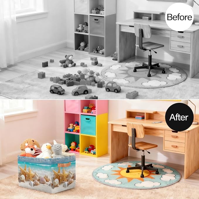 Pardick Storage Baskets Bin, Beach Ocean Starfish Seashells Collapsible Canvas Fabric Storage Bin Decorative Baskets Toy Organizer Rectangle Storage Boxes with handles for Home Shelves Nursery,Q-8
