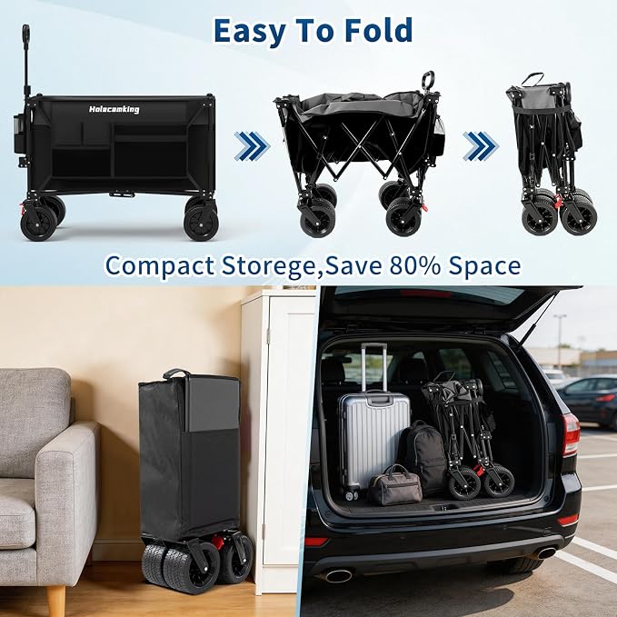 Collapsible Canopy Wagon Cart, Heavy Duty Utility Wagon with Removable Sun Cover, All-Terrain Big Wheels, Dual Brakes, Extra Large Grocery Cart for Beach Camping Sports Tailgates, Black