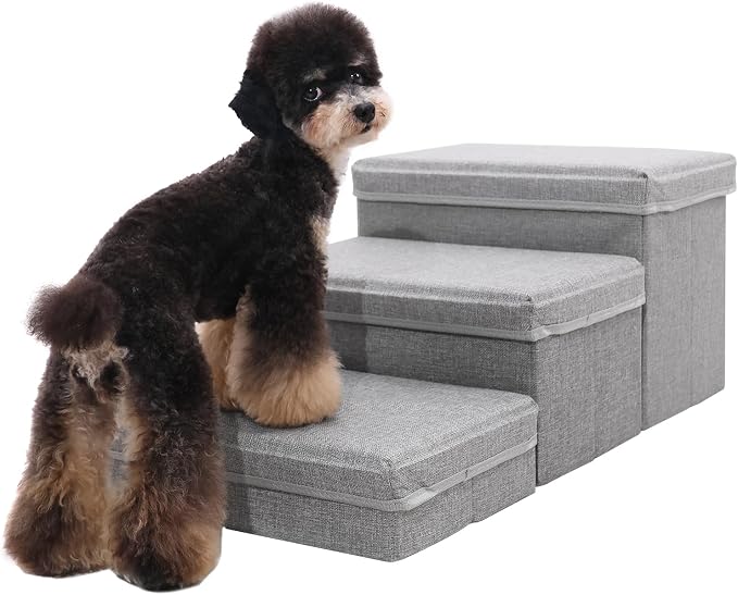 Linen Foldable Dog Stairs with Storage | 3-Step Pet Steps for High Beds & Couch, Non-Slip Dog Ladder for Small & Medium Dogs and Cats, Light Grey