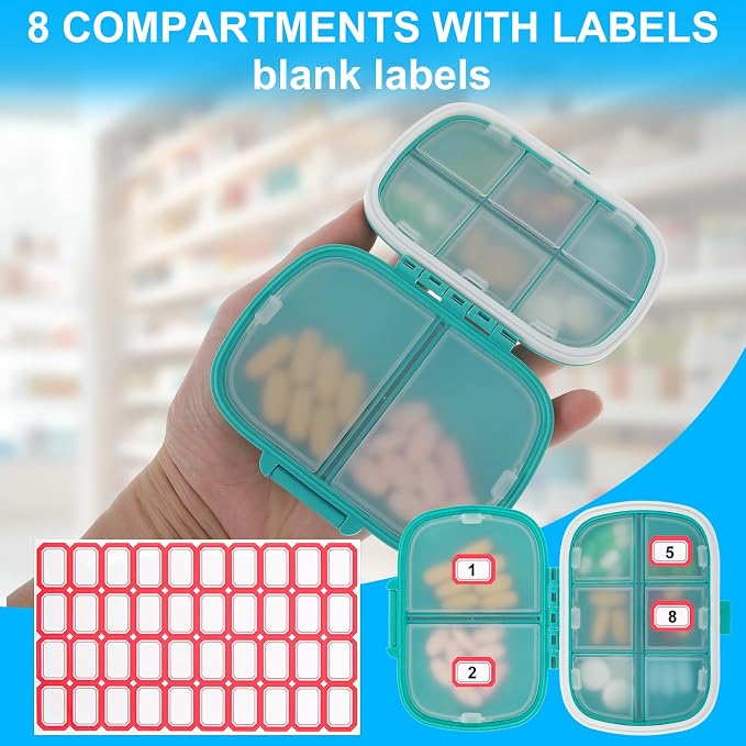 6 Pack Travel Pill Organizer 8 Compartments Portable Pill Case with Label Small Pill Container for Pocket Purse Medicine Storage Dispenser Waterproof Vitamin Holder Pill Supplement Case