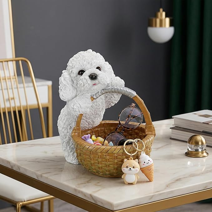 Cute White Poodle Candy Bowl, Resin Dog Figurine Key Bowl for Entryway Table, Desktop Storage Basket Organizer for Desk, Unique Poodle Lover Gift