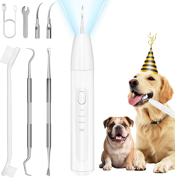 Dog Tooth Brushing Kit, Dogs Teeth Cleaning Kit with Led Light, 3 Modes Doggie Plaque and Tartar Remover, Dental Care for Cat,Low Noise Ultrasonic Dog Teeth Cleaner,Snow White