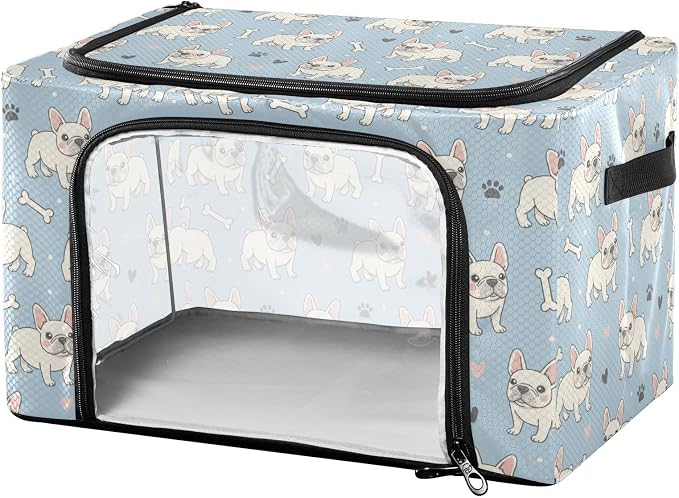 Cute Pets Dogs Blue print Under Bed Storage Containers with Double Zipper Openings, Foldable Clothes Storage Bins with Clear Window and Handles for Comforters Bedding Blankets