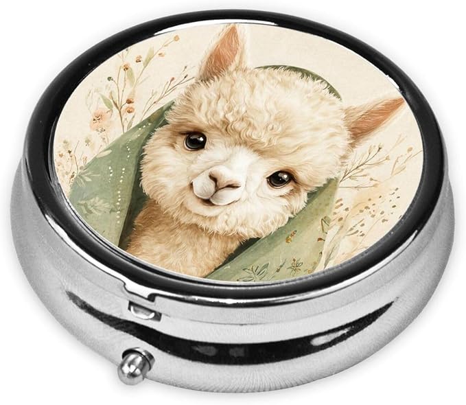 Cute Alpaca Flower Beige Portable Pill Organizer | 3 Compartment, With Mirror, For Men Women, For Daily Supplements, Vitamins, Fish Oil, Jewelry, Candy, Travel