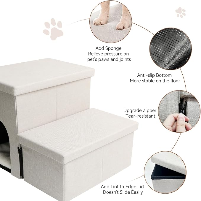 Zerbuger Dog Stairs with Storage, Beige 2 Steps Dog Ramp with Condo for Bed | 15" H Wider Dog Steps for Beds Couch, Folding Storage Pet Stairs Gift for Climbing Small/Medium/Large Old Dogs Cats