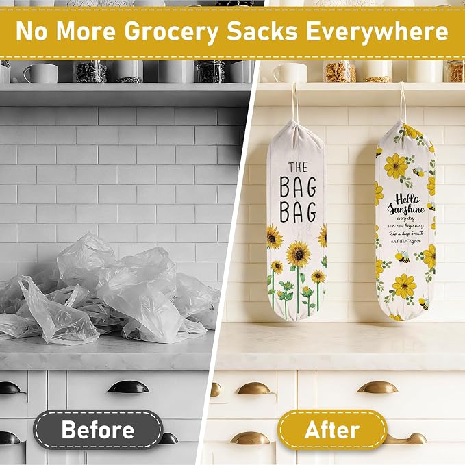 2Pcs Sunflower Plastic Bag Holder for Kitchen Essentials, Reusable Hanging Grocery Bag Organizer, Sunflower Gifts for Women, Washable Large Grocery Trash Bags Storage Dispenser