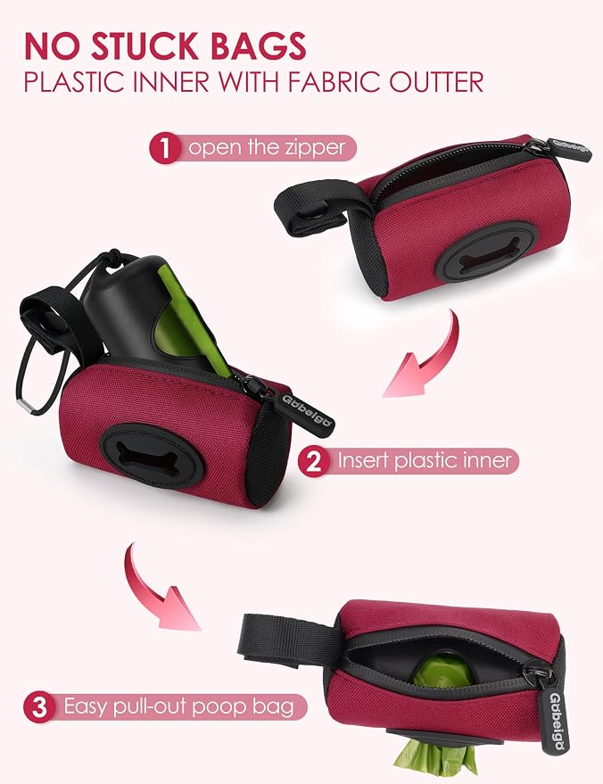Gobeigo 2-in-1 Dog Poop Bag Holder【Easy Pull-Out Version】(Red) | Hard Plastic Insert & Soft Fabric Bag Snap-On Strap Dispenser Fits Retractable and Standard Leashes with 1 Roll Bags