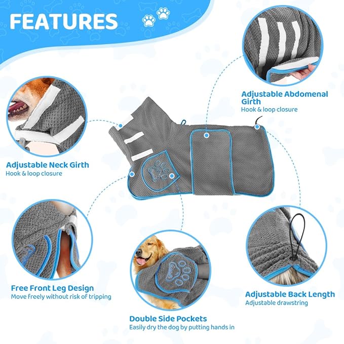 SlowTon Dog Bathrobe Drying Coat – Super Absorbent Microfiber Towel Wrap with Adjustable Collar & Belly Strap, Fast Drying Bath Robe for After Bath Swim, for Large, Medium, Small Dogs (Grey L)