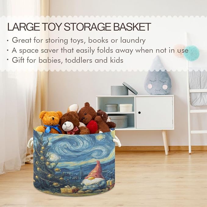 DOMIKING Large Storage Basket for Toys Gnomes Christmas Starry Blue Print Storage Bin Box Organizer Basket for Nursery Laundry Hamper Books Home Decor