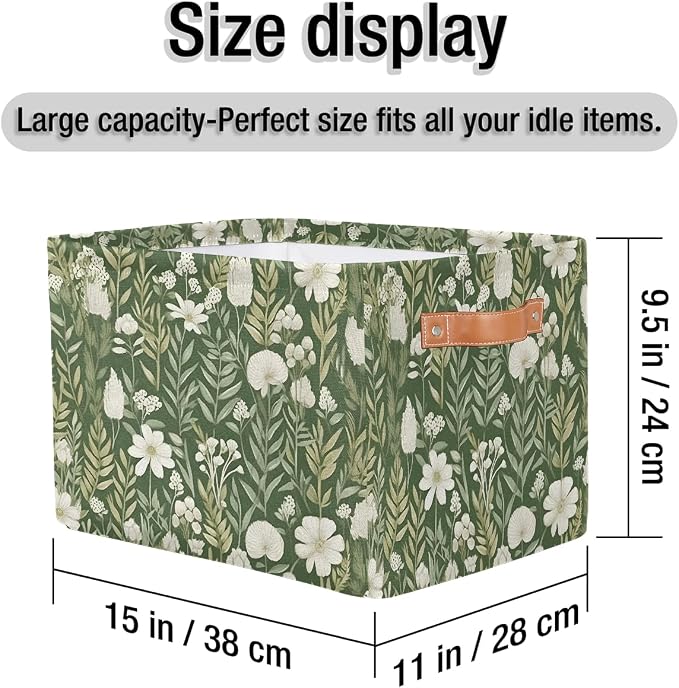 White Flower Green Leaf Rectangular Storage Bin Collapsible Storage Basket Organizer Boxes with Leather Handle Storage Cube for Shelves Toy Laundry Nursery 1 PC