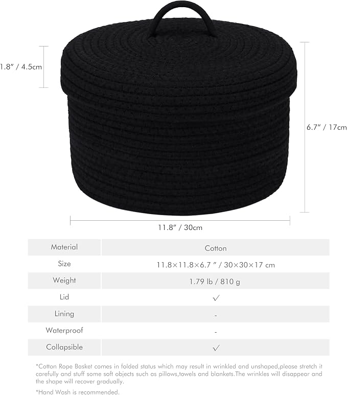 Sea Team Round Storage Basket, Woven Cotton Rope Basket with Lid, Black | Decorative Knitted Storage Bin, Multi-Purpose Lidded Organizer for Closet Shelves, Nursery and Household Storage