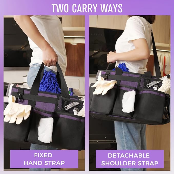 SCAVATA Wearable Cleaning Caddy, Cleaning Caddy Supplies Organizer with Handle & Shoulder Straps for Housekeepers, Under Sink & Car Cleaning Tool Organizers Bag with 4 Foldable Divider (Purple)