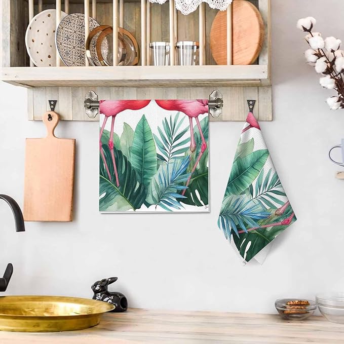 Couple Pink Flamingos 2Pcs Kitchen Towels Tropical Watercolor Flamingo Seasonal Summer 16X24 Inch Ultra Soft Tea Towel Super Absorbent Terry Dish Towels for Kitchen Linens