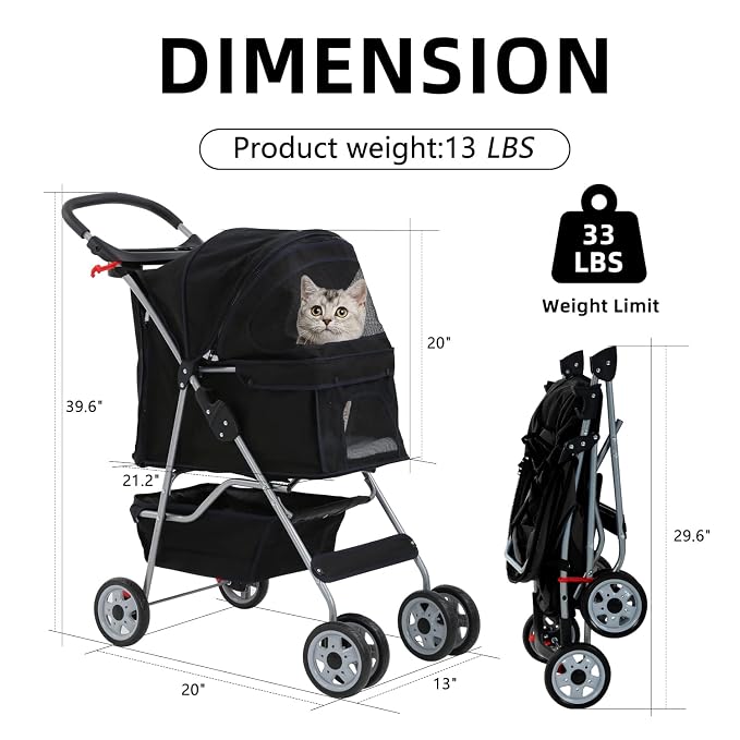 4 Wheels Dog Stroller, Pet Cat Jogger Stroller, Folding Carrier Waterproof Puppy with Cup Holder & Removable Liner, Dog Strollers for Small Dogs, for Small and Medium Pet Supplies (Black)