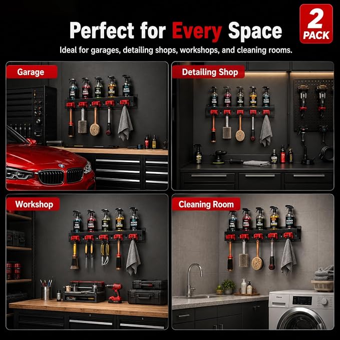 Spray Bottle Holder Wall Mount:2 Pack Heavy Duty Metal Spray Bottle Rack with 5 Holes & 5 Hooks, Car Detailing Organizer for Garage, Workshop, Cleaning Tools