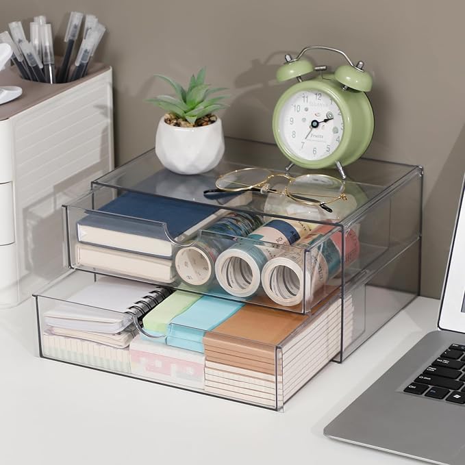 Clear Plastic Drawer Organizer, 4 Drawers | Stackable Desk Organizers and Accessories, For Home Office Supplies, Marker Pen, Notebooks, Art Crafts