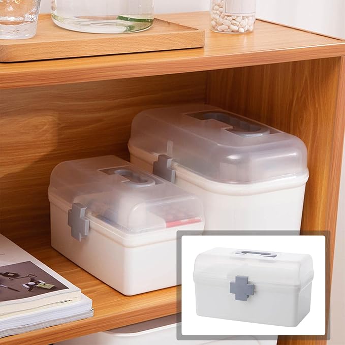 Portable First Aid Carrying Case Organizer Bin Medicine Storage Box with Organizing Holder with Handle Stationery, Clear, 21.2x12x12.5CM