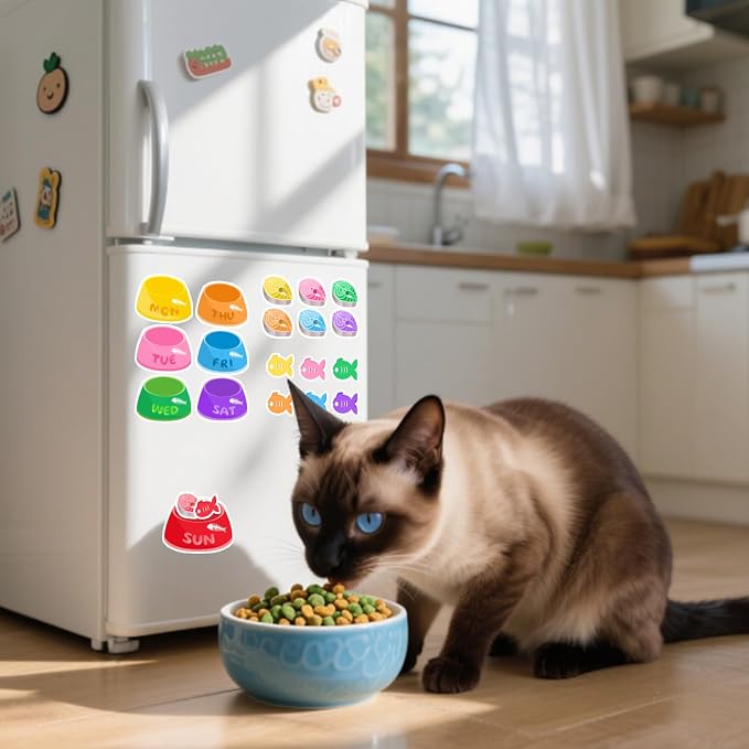 Magnetic Cat Feeding Reminder Tracker – Weekly Meal Planner for Cats with Colorful Bowls, Fish Meat & Fish Icons – Reusable Fridge Magnet Chart for Pet Feeding Schedule, Cat Food Organizer Sign