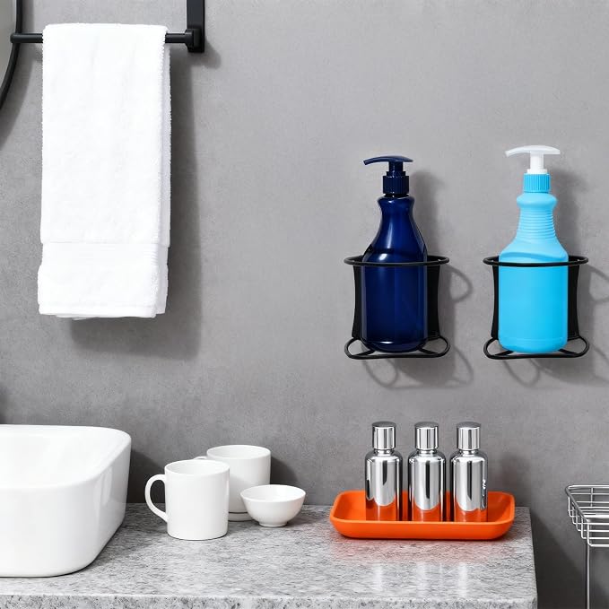 Okllen 4 Pack Spray Bottle Holder, Heavy Duty Metal Wall Mount Spray Can Holder for Garage, Workshop, Craft & Kitchen Bottle Storage Rack, Easy Install with Hardware, Black