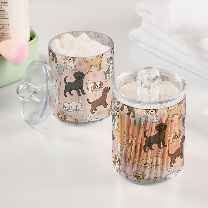 2 Pack Plastic Cotton Swab Ball Pad Holder Cute Pets Dogs Pink Print Jars Bathroom Storage Organizer Holder Canisters with Lid for Cotton Ball Swab Cotton Rounds Hair Clips