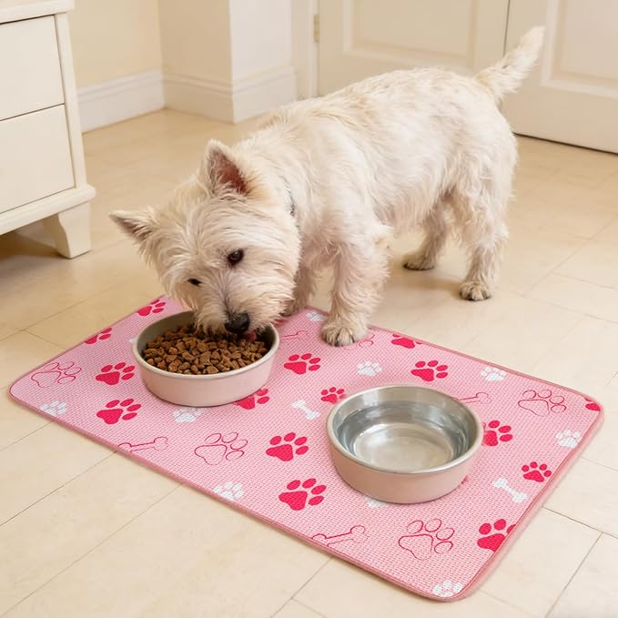 PUPTECK Dog Food Mat, Absorbent Pet Cat Feeding Mat for Food and Water Bowls, Anti-Slip Dog Placemat for Floors Waterproof, Pet Supplies Accessories, Pink S