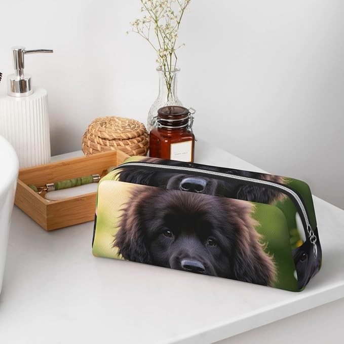 PU Leather Pencil Case Cosmetic Pencil Bags Makeup Pouch with Zipper | Cute Pet Newfoundland Dog Pen Pouch Portable Cosmetic Organizer Bag For Office Woman Man