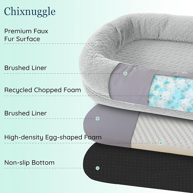 ChiXnuggle Orthopedic Human Dog Bed,with Faux Fur Washable Cover,Blanket | light grey,72*40*10,giant dog bed for adult or extra large dogs,egg crate foam,non-slip bottom