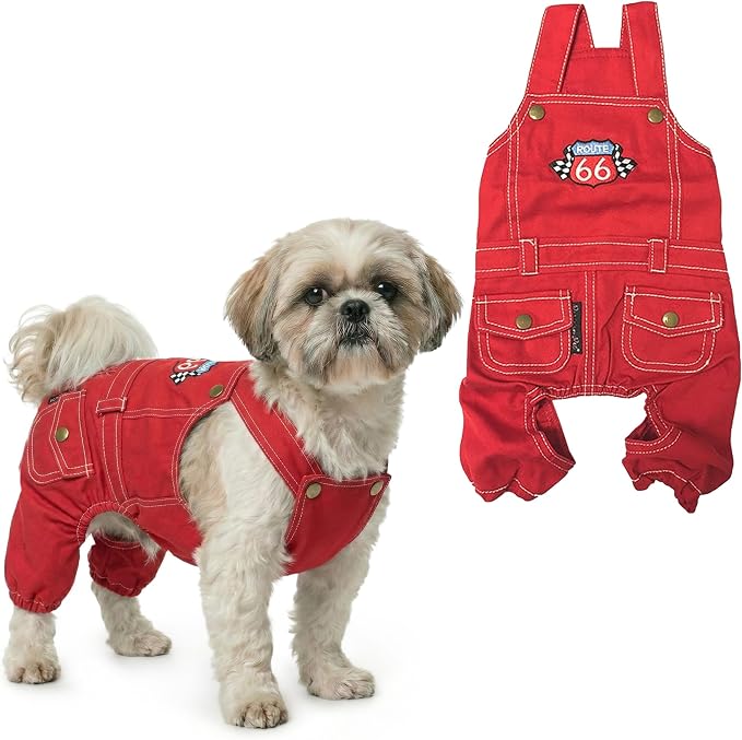 Parisian Pet Red Dog Overalls - Route 66 Denim Dog Clothes - Breathable Sling Puppy Jumpsuit - Durable and Trendy Overalls for Dogs - Comfortable Jeans Dog Clothes for Medium Dogs - Classy Pet Apparel