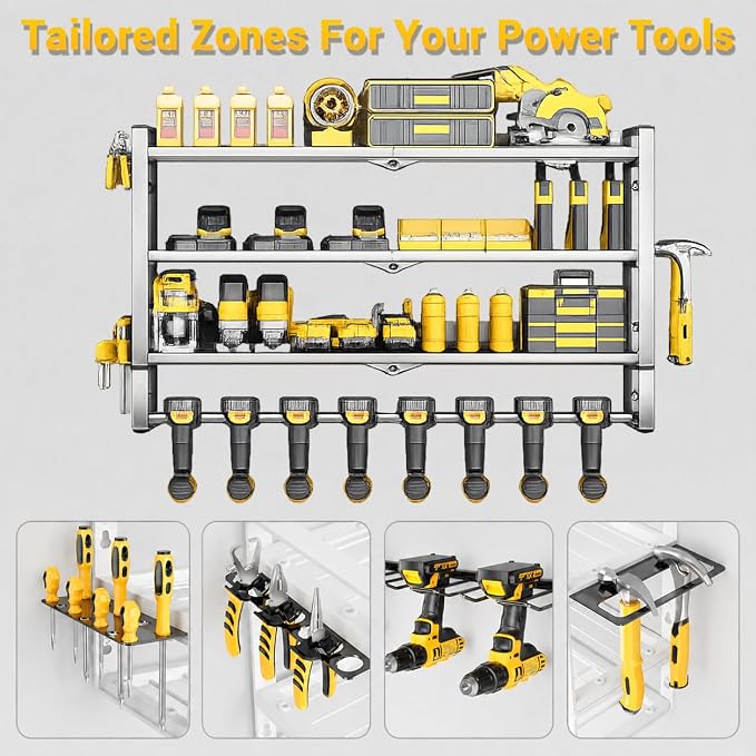 Extra Tall Large Power Tool Organizer Wall Mount ,4 Layers Drill Holders | 8 Cordless Heavy Duty Metal Battery Tool Shelf Loads 400lbs,Tool Storage,Utility Rack For Workshop,Garage,Gifts for Men