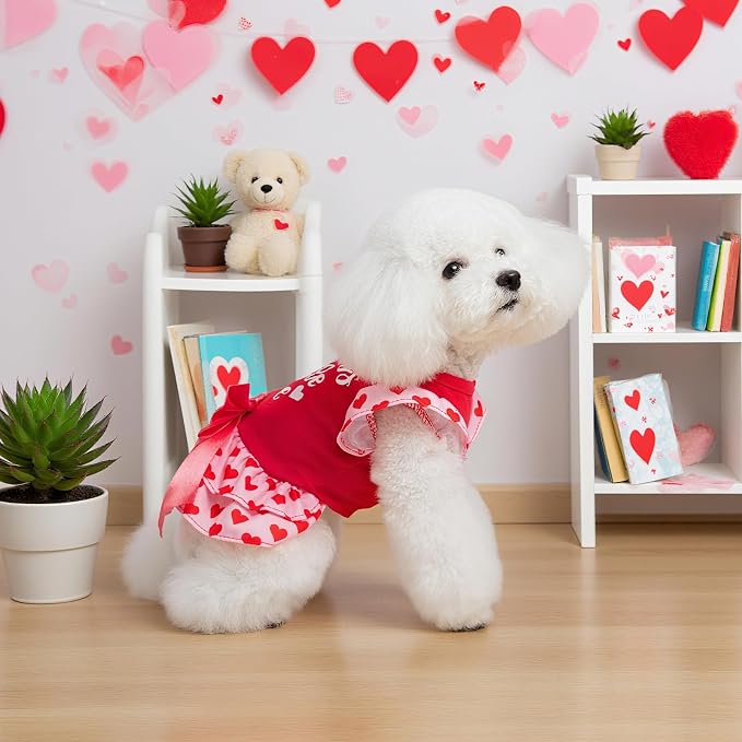 Valentine's Day Dog Dress for Small Dogs,Puppy Costumes Pet Clothes Holiday Girl Dogs Shirt with Heart Themed, Party Dog Vest Dresses Cat Apparel Sweater Warm Skirt
