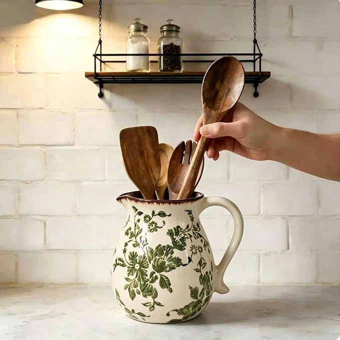 Farmhouse Ceramic Utensil Holder,6.1"Kitchen Counter Utensil Holder | Ceramic Utensil Organizer with Handle for Kitchen Countertop, Vintage Rustic Crock for Home Decor, Flower Pot, Spoon Tools