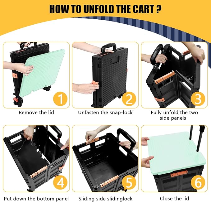 Foldable Utility Cart Portable Rolling Crate Handcart Shopping Trolley Collapsible Tool Box with Rotate Noiseless Wheels Telescoping Handle Lid for Travel Move Storage Office School (Green)
