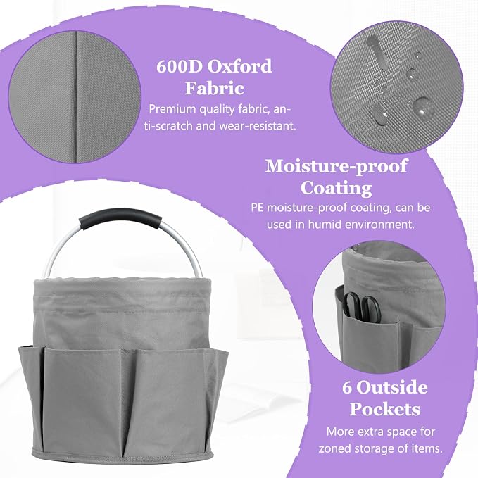 17L Collapsible Cleaning Supplies Caddy with Handle for Travel, Dark Gray | IHOMAGIC 600D Oxford Bucket Tool Organizer, Cleaning Tote with 6-pockets, Portable Storage Basket for Home, Hotel, Restaurant
