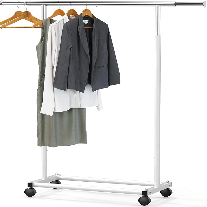 Simple Houseware Standard Rod Garment Clothing Rack, White | Single Rail, Extendable Width from 30 to 47 Inches, Rolling Clothing Organizer for Bedroom, Laundry, Living Room