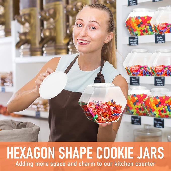 EBOOT 4 Pieces 70 oz Plastic Candy Jars Clear Cookie Jars bulk for Kitchen Counter Hexagon Cookie Jar with Lid Laundry Pod Storage Container Dry Food for Buffet Snack Craft Supplies