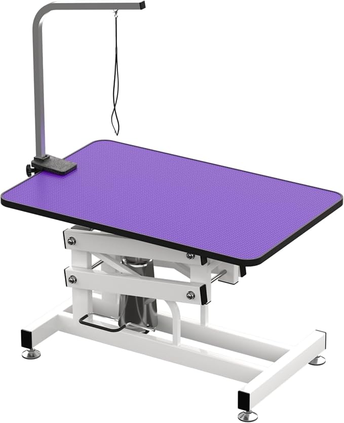 Hydraulic Dog Pet Grooming Table, 42 Inch Heavy Duty Professional Pet Grooming Station 21'' -36'' Height Adjustable for Small Medium Large Dog at Home with Clamps and Grooming Noose, Purple