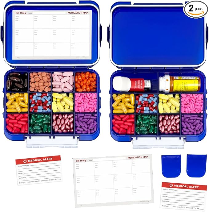 12 Compartment Large Pill Case with Airtight Seal - Silicone Gasket Waterproof Med Box with Medication Map (Blue 2 Pack)