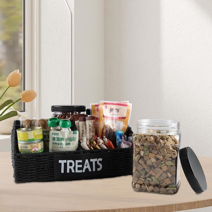 Trapezoidal Dog Treat Container Airtight,3-Compartments Dog Treat Organizer,Dog Treat Storage Countertop,Pet Caddy,Great Gift for Pet Dog Owners-Black Wicker Basket