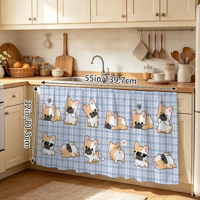 Cute Puppy Sink Skirt for Bathroom, Self-Adhesive Under Sink Curtain, Blue Purple Plaid Modern Funny Dogs Pet Hide Pipes & Storage Fabric Cabinet Skirt Cover for Kitchen Laundry 32"x55"