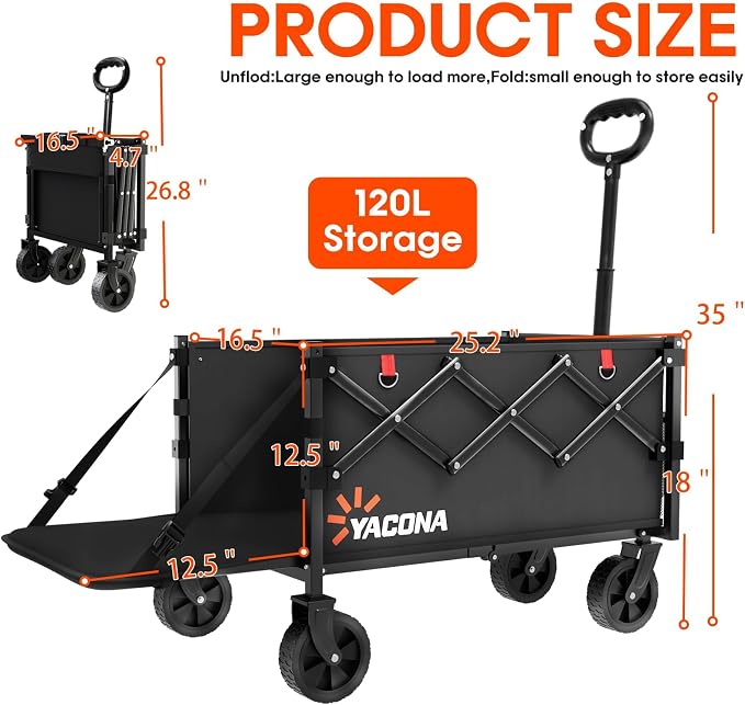 Yozoia Wagons Carts Foldable,120L Collapsible Wagon Cart with Wheels,Black | Foldable, Lightweight, Portable, Simple Installation, for Camping Shopping Beach Garden Sports